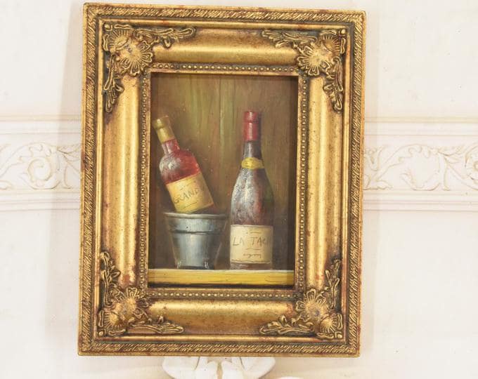 French Wine Still Life Oil Painting: Vintage Rustic Kitchen Art