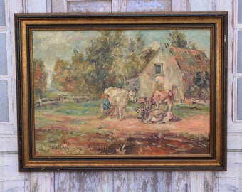 Peinture ancienne vaches paysage de campagne - village d'art polonais Mela Muter - vieille peinture sur toile - oeuvre d'art murale - décoration murale - décoration d'intérieur