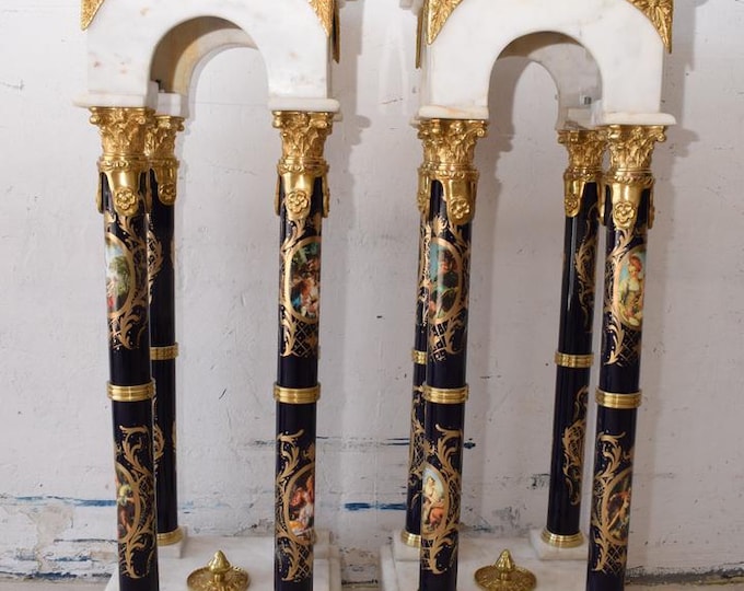 2 X Marble Pedestal - Solid and Heavy - Marble and Bronze - Painted Marble - Home and Garden - Gift Idea - Columns Pedestals