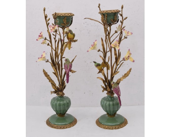 Pair Parrots on the Tree Porcelain with Bronze Candlestick, Parrots on a Branch, Bronze Ornaments, Parrots Statues, Exclusive Porcelain