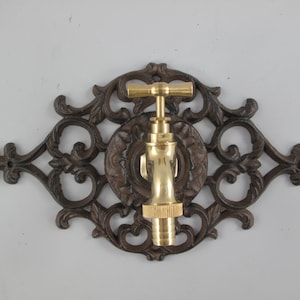 Brown Rustical Cast Iron Wall Fountain with Brass Faucet Tap,  Fountain Metal Wall Sink, Patio &  Wall Ornament Outdoor - Garden Decor
