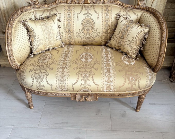 Vintage French Style Sofa - Ornate Carved Frame - Elegant Damask Upholstery - Classic Salon Settee