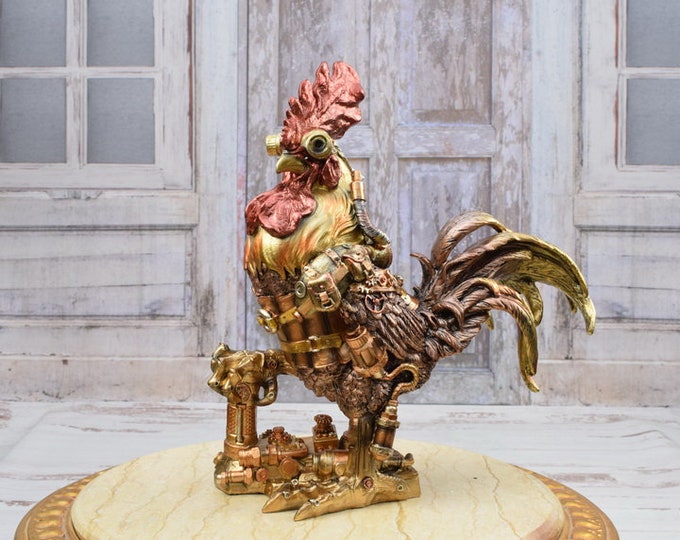 Steampunk Rooster - Goldene Figurine  - Steampunk Robot Rooster Statue - Gift Good Idea - Home Decor - Amazing Decor