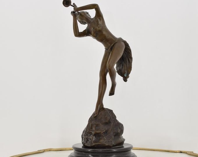 Large Woman Playing the Trumpet – Bronze Dancer Sculpture Figurine – Elegant Gift Idea for Music and Art Lovers