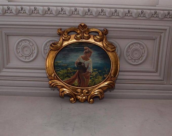 Painting Portrait Polish Young Girl - Nice Golden Frame - Woman by the River - Oil on Wood - Polish Art - Wall Decor Gift Idea