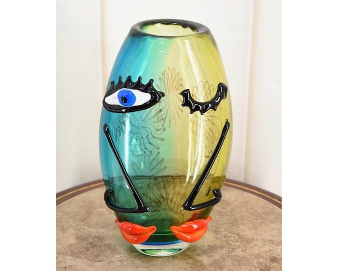 Murano Style Glass Face Vase – Italian Luxury Decor, Green & Blue Figurine