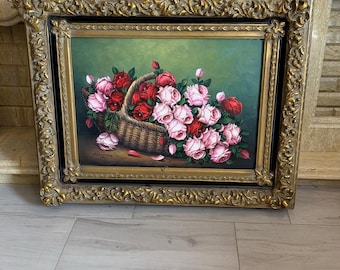 Hand-Painted Oil Floral Canvas Art, Baroque Golden Frame, French Wall Decor (82x100 cm)