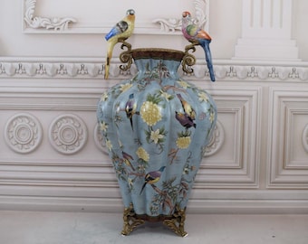 Porcelain Vase with Two Parrots – Art Nouveau Bronze Ornaments Home Decor