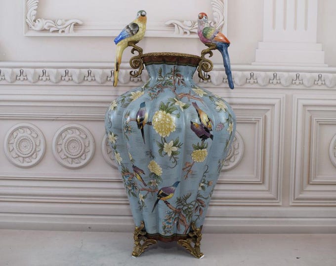 Unique Flower Vase with 2 - Parrots Porcelain with Bronze Ornaments - Vase Art Nouveau - Flowers Design - Parrots Art - Gift Idea Home Decor