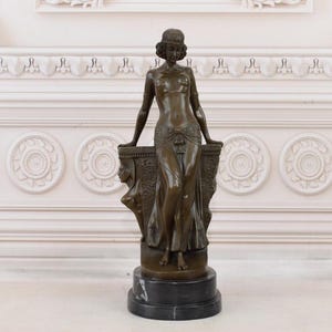 Greek Bronze Statue: Woman on Marble Pedestal, Foundry Mark