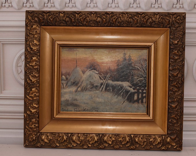 Antique Painting Landscape - Winter Landscape Oil on Wood - Filipkiewicz Polish Art - Gift Idea - Wall Art - Wall Decor - Gift Idea