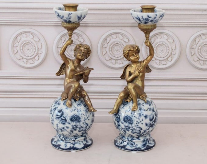 Pair Set Porcelain with Bronze Angel Candlestick - Two Angels Bronze Statues - Home Decoration - Elegant Vintage Gift Idea - Candleholders