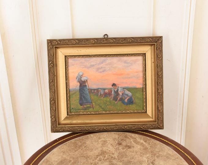 Antique Oil Painting on Wood – Field Work During Potato Harvest – Eastern Borderlands
