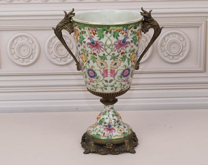 Large Green Porcelain Flower Pot - Vase Porcelain and Bronze Ornaments - Gilded Porcelain Flowers Ornaments - Home Decor - Gift for Wedding