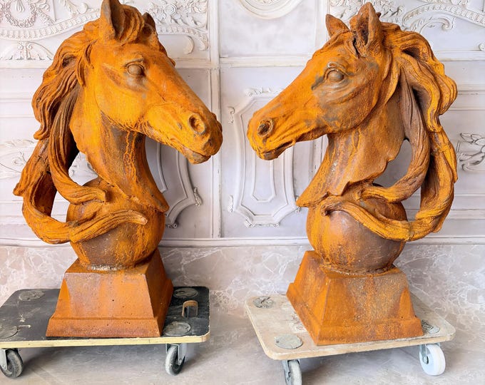 Large Pair of Cast Iron Horse Busts - Monumental Horse Head Statues - Heavy Garden Decor