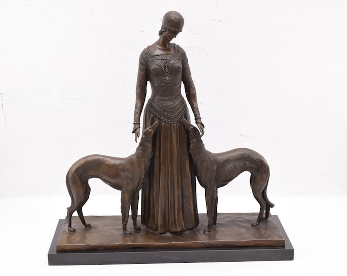 Large Demetre Chiparus with Greyhounds Bronze Statue - Woman Cleopatra with Dogs Dancer Bronze Statue - Art Deco Style Sculpture