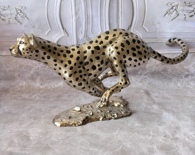 Vintage Bronze Cheetah Sculpture – Silver Finish Panther Statue, Massive Animal Decor