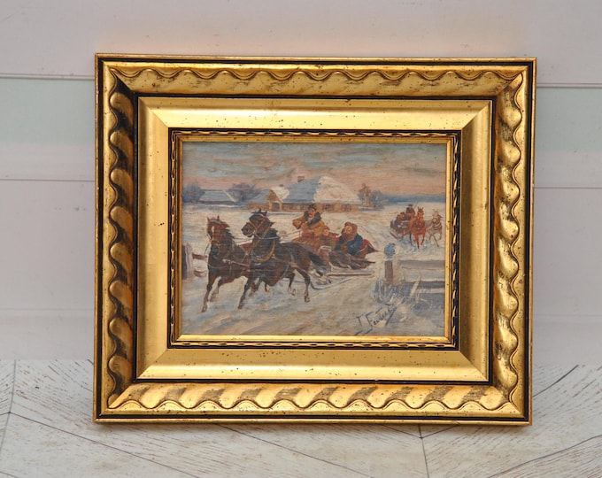 Antique Painting - Fałat - Winter Village Scene - Old Oil on Wood - Sleigh Horses Church Trip - Vintage Wall Art Decor