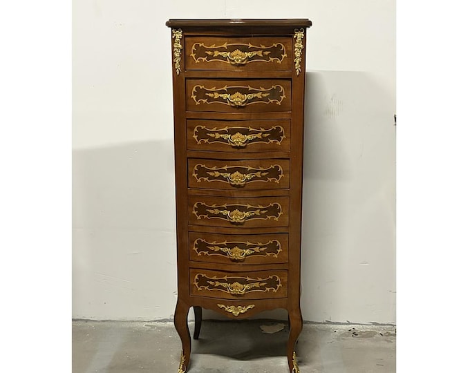 Vintage French Louis XVI Style Commode: 7-Drawer Weekly Chest with Brass