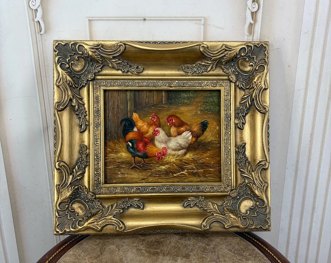 Vintage Chickens and Rooster Painting - Rural Farm Scene - Ornate Gold Frame - Unique Wall Art