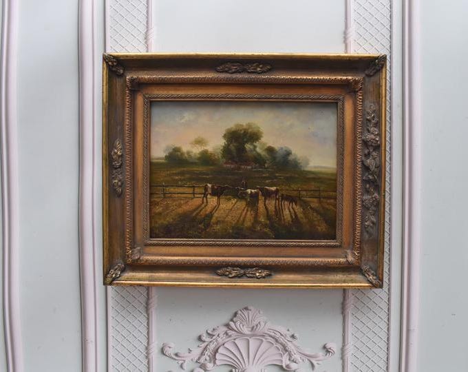 Cows on the Pasture – French Vintage Oil Painting on Wood – Golden Frame – Pastoral Landscape – Unique Wall Art