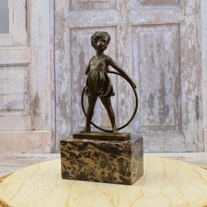 Young Girl with Hula Hop Wheel - Figurine Bronze Art Deco Style - Statue on Marble Base - Gift Idea - Home Decor - Unique Gift