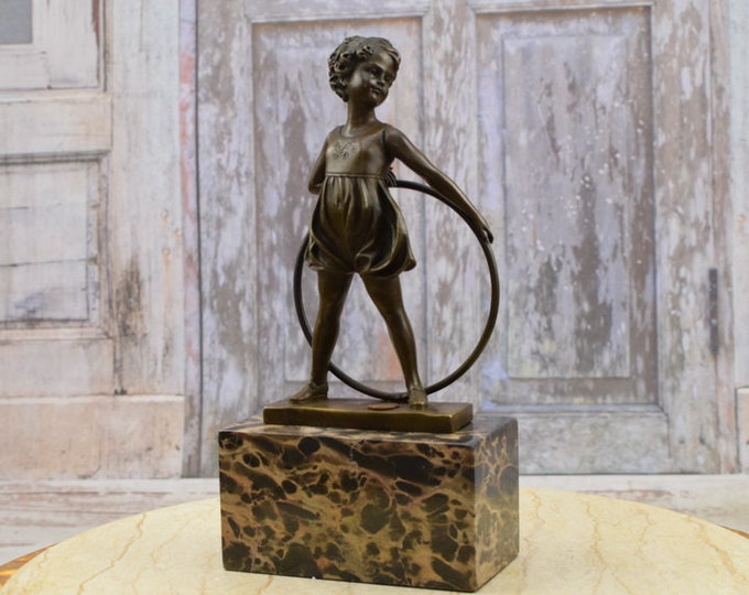 Young Girl with Hula Hop Wheel - Figurine Bronze Art Deco Style - Statue on Marble Base - Gift Idea - Home Decor - Unique Gift
