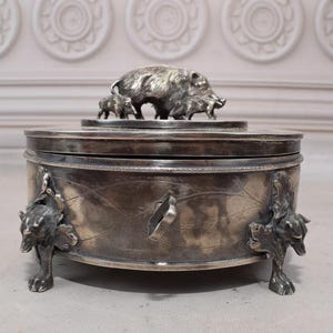 Large Antique Silver Sugar Box - Hunting Sugar Bowl BOARS 617g Imperial Russia Silver 84 - Tsar Silver - Collector Item - Gift Home Decor