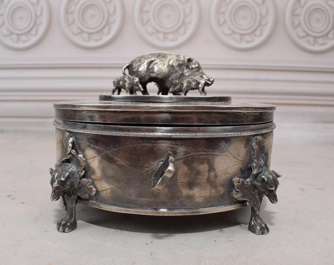 Large Antique Silver Sugar Box - Hunting Sugar Bowl BOARS 617g Imperial Russia Silver 84 - Tsar Silver - Collector Item - Gift Home Decor