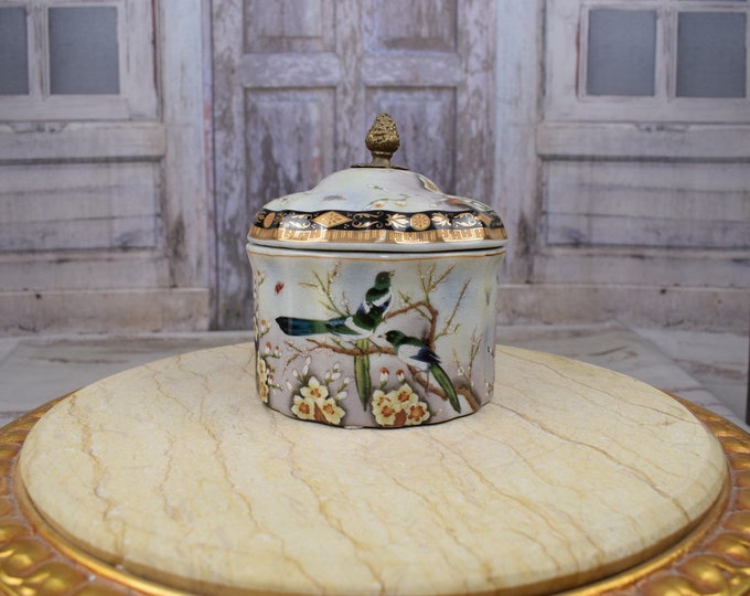 Box Porcelain - Gilded Painted Porcelain Casket Flower and Bird Flowers Ornaments Art Nouveau - Vintage Gift for Wedding - Home Decor