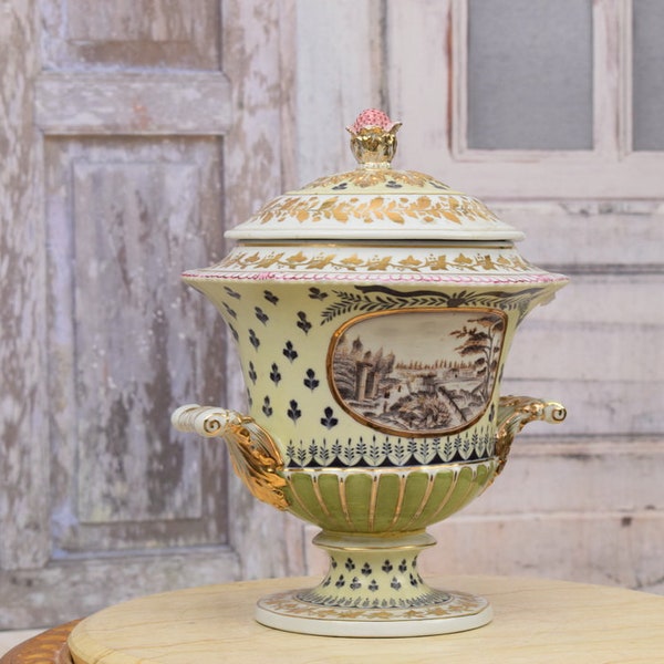 Antique Amphora - Flowers Design Large Vase with Antique City Painted - Porcelain Vase with Bronze Ornaments - Home Decor - Gift for Wedding