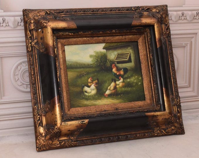 Wonderful Large Painting Family Rooster and Hen - Painting in Golden Frame - Painting Art Work - Wall Decor - Amazing Home Decor