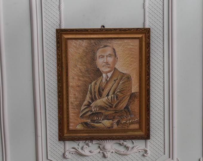 Antique Roman Dmowski Portrait: 1930 Polish Pastel Painting