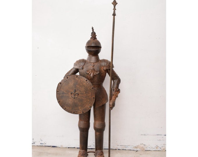 Large Knight Armor with Shield and Spear - Metal Statue Knight Palace - Warrior Armored Sculpture - Vintage Castle Statue - Gift Idea