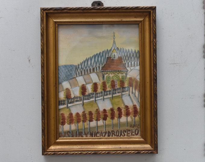 Nikifor Krynicki Painting: Old Krynica Zdroj, Polish Art Pastel on Carton