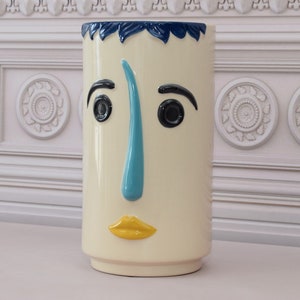 Unique Expressive Vase - Funny Face Flower Vase - Vallauris 1960 Style - Porcelain Painted Vase - Ceramic Vase - Home Decor Gift for Wedding