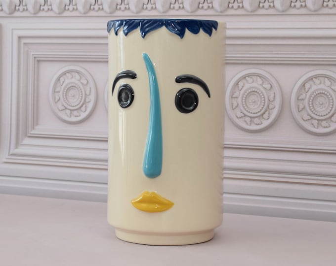 Unique Expressive Vase - Funny Face Flower Vase - Vallauris 1960 Style - Porcelain Painted Vase - Ceramic Vase - Home Decor Gift for Wedding