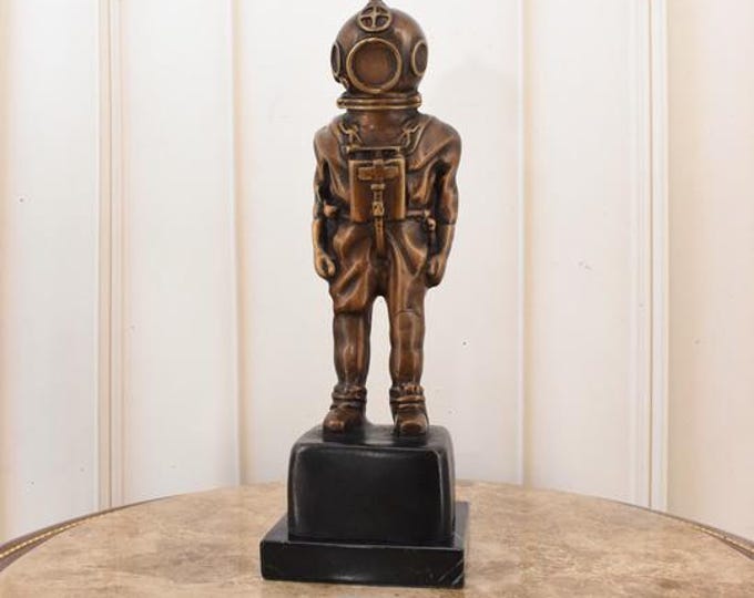 Bronze Diver Helmet Statue on Marble Base – Deep Sea Diver Sculpture – Vintage Nautical Decor – Collector Gift Idea - Home Decor