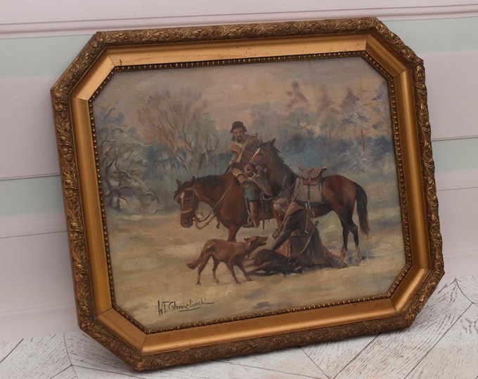 Antique Painting Hunting Trip - Chmielinski Polish Art - Hunter Painting - Winter Landscape - Wall Home Decor - Old Frame - Gift Idea