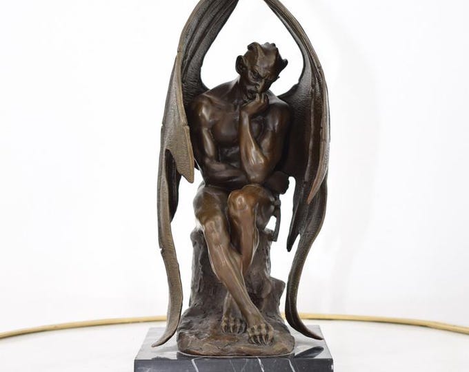 Winged Lucifer Bronze Statue - Vintage Devil on Marble Base