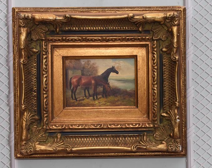 Brown Horses Oil Painting – Gold Frame, French Art