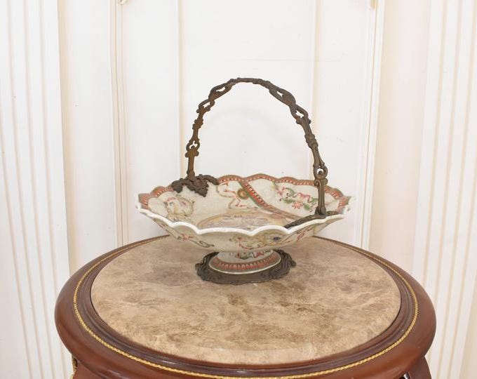 Handmade Painted Porcelain Bowl: Vintage Floral Design with Bronze Ornaments