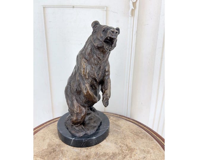 Fierce Standing Bear Bronze Sculpture on Marble Base - Signed Turner - Vintage Wildlife Statue