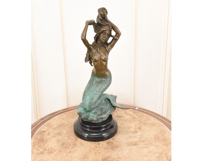 Vintage Bronze Mermaid Sculpture on Marble Base - Nautical Decor