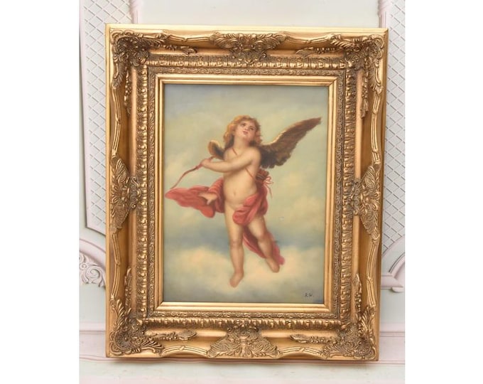 Winged Cupid Angel Oil Painting | Classical Cherub with Bow on Wood from French Estate | Romantic Vintage Wall Art