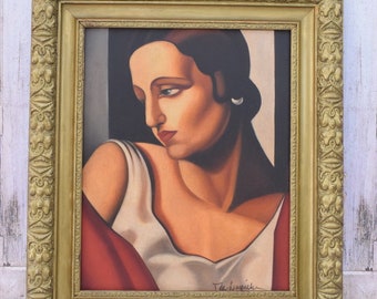 Painting De Lempicka Art Deco - Portrait Woman Old Oil on Canvas - Polish Art - Wall Decor - Wall Art - Home Decor - Gift Idea