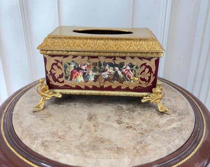 Vintage Baroque Porcelain Tissue Box Bronze Mounted Napkin Holder Gilded Aristocratic Decor