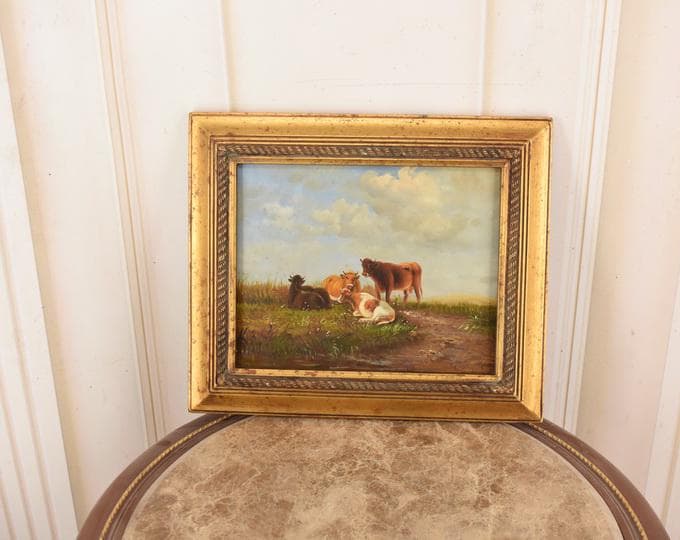 Vintage Cows Oil Painting: Rustic French Countryside Scene