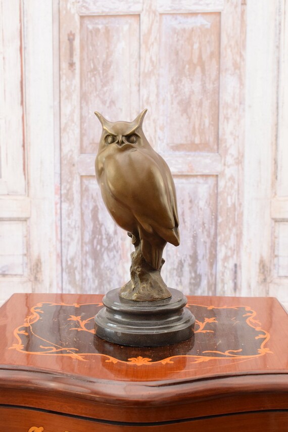 Large Bronze Owl Figurine: Vintage Wisdom Symbol on Marble Base
