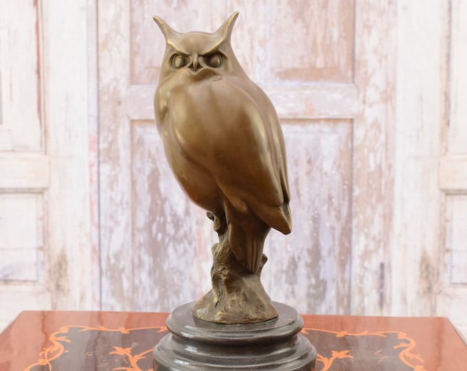 Large Owl Bronze Figurine - Wisdom Symbol - Figurine on Marble Base - Exclusive Gift - Foundry Mark - Exclusive Home Decor